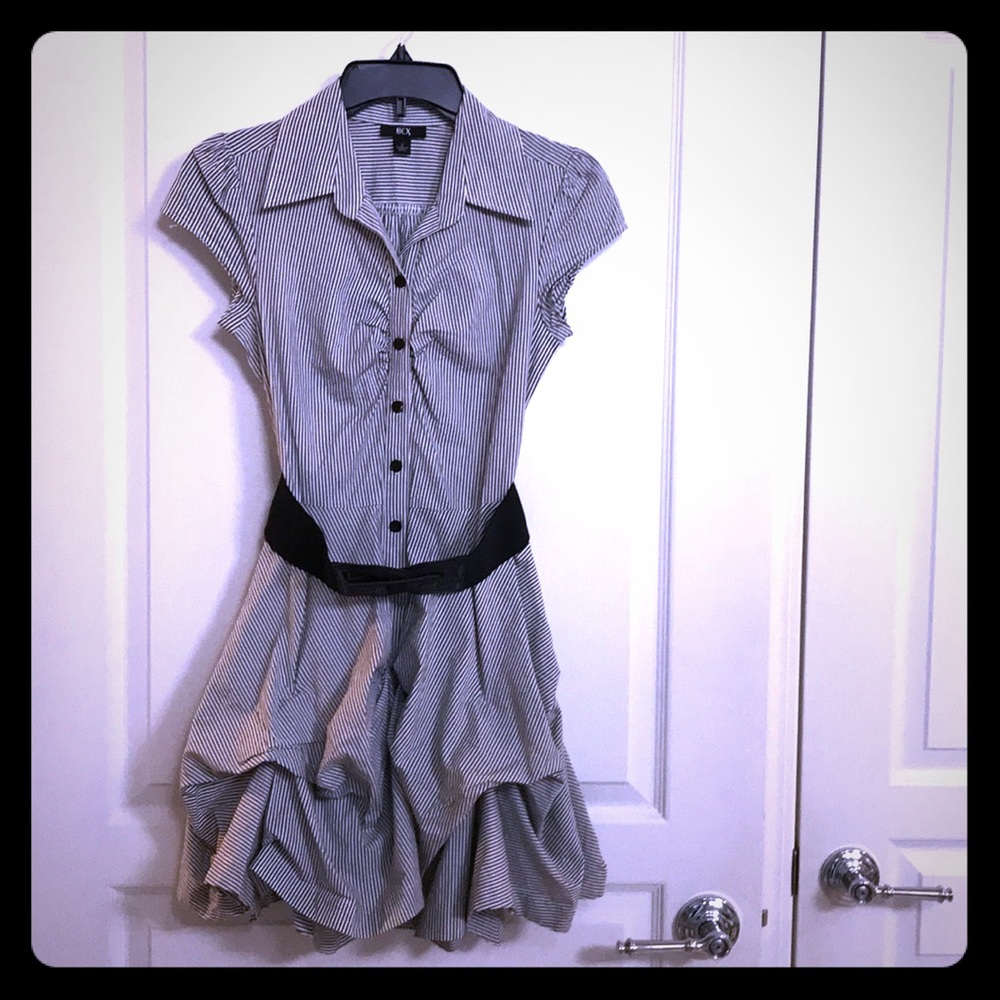 Striped shirt dress with up takes/ bustled skirt